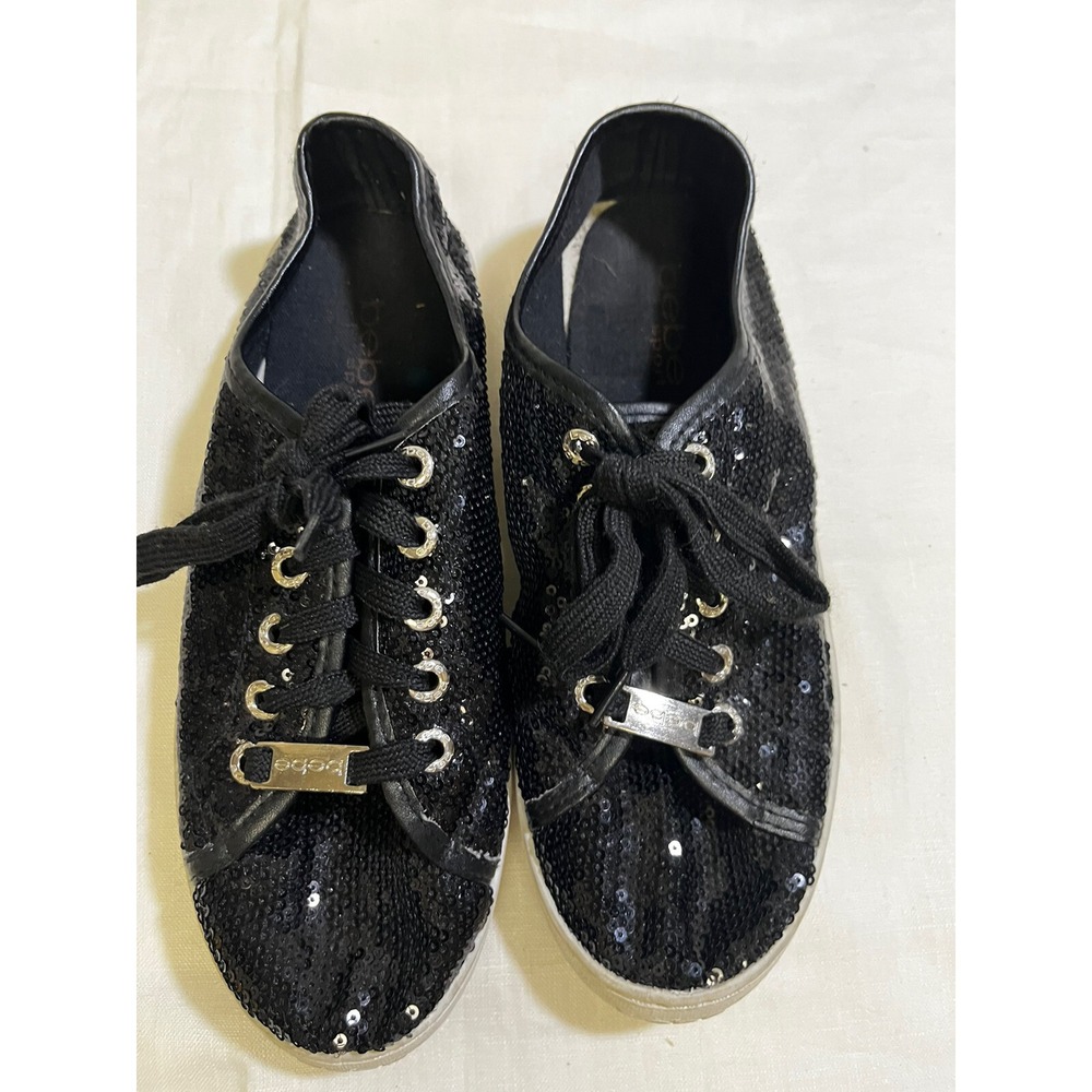 Bebe Black Sequins Low Top Sneakers Glitzy Tie Up Dyanna Womens Size 7.5